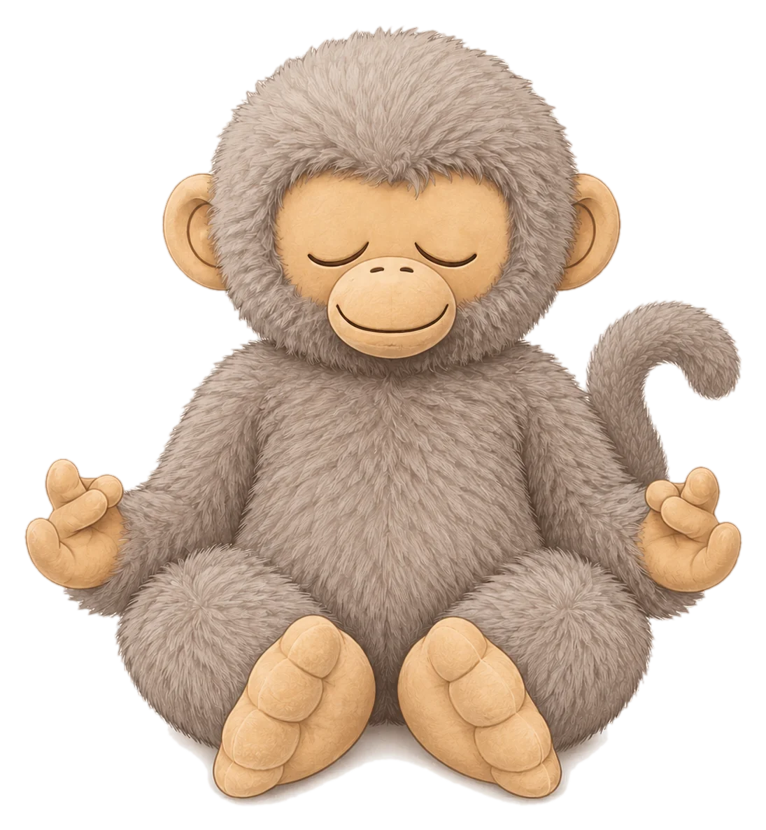Monky — a soft grey plush monkey sitting in a calm, cross-legged pose with its eyes gently closed and hands resting on its knees