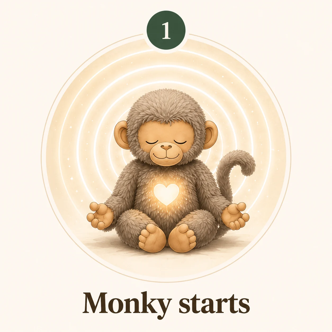 Monky starts — the plush with a glowing heart sends a slow rhythm outward.