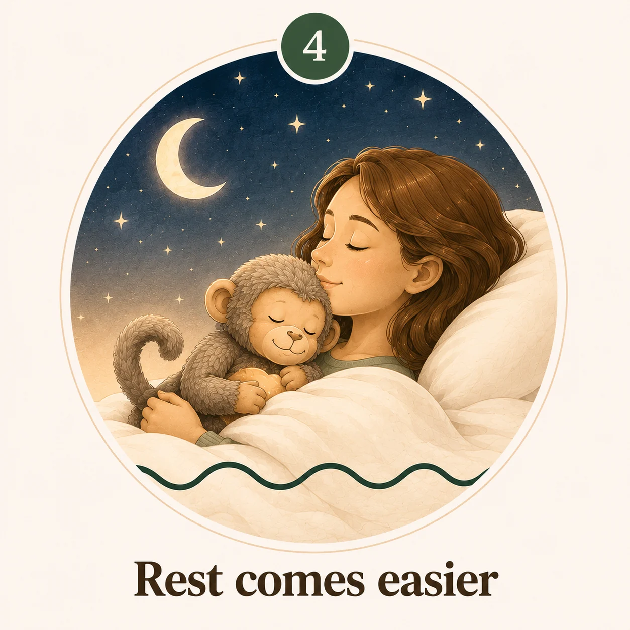 Rest comes easier — a calm face beneath a crescent moon and stars.
